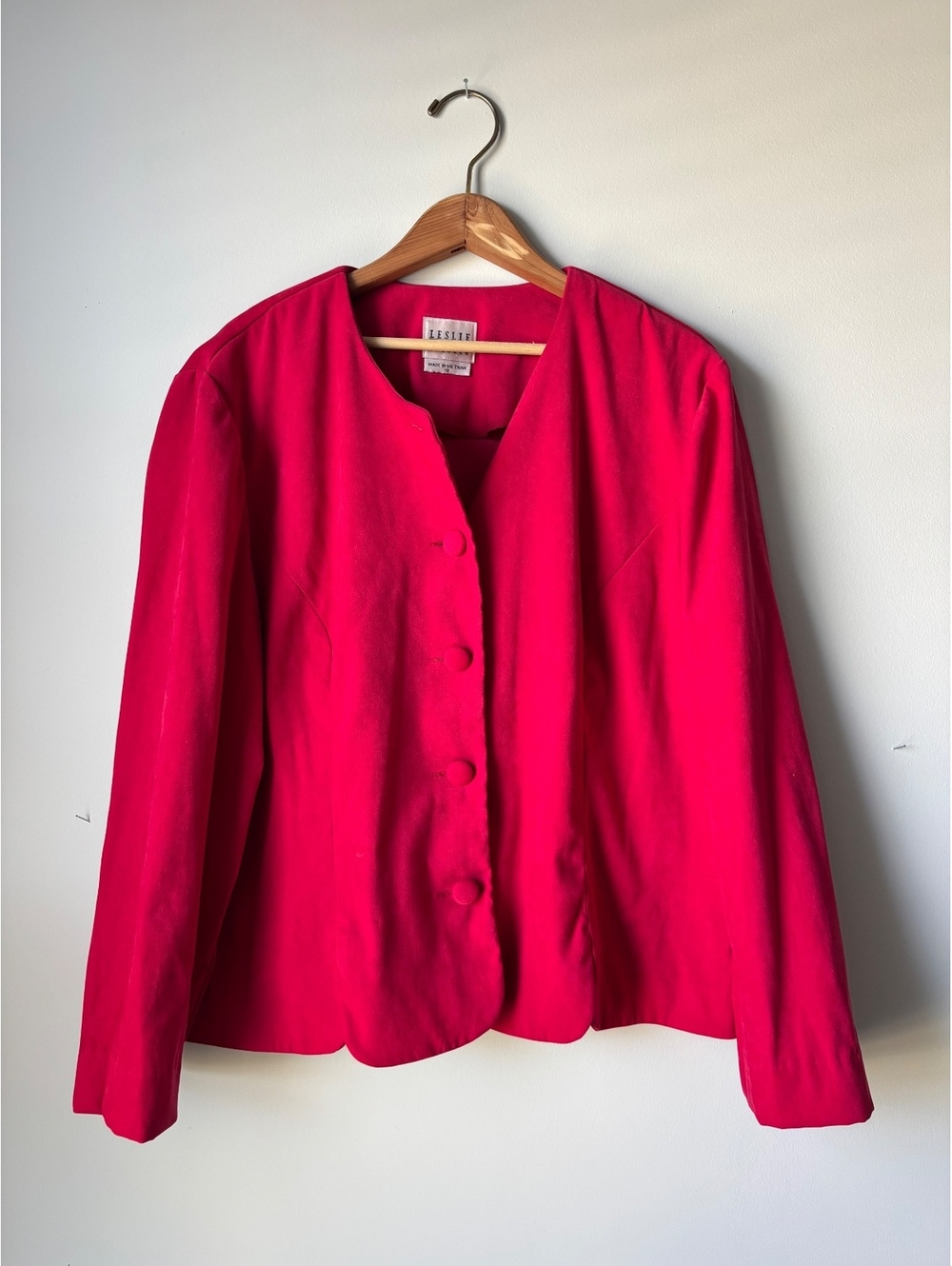 Vintage Leslie Fay Raspberry Pink Collarless Jacket Shoulder Pads Women's 18